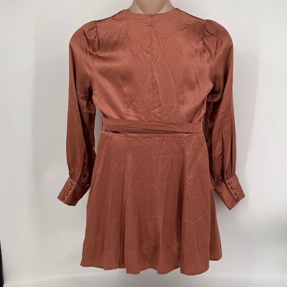 Reformation Silk Mini Dress Size M Rust Wrap Tie Waist Long Sleeve V-Neck - Picture 2 of 9